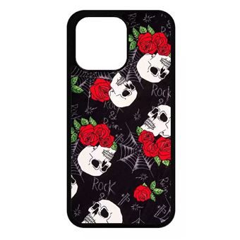 Coque My-Kase pour iPhone 15 Pro Max - tete de mort toile rose rock - Silicone - Noir - 1