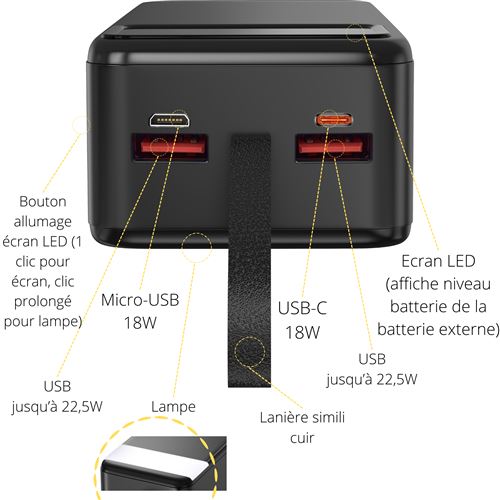 batterie externe 30000mah chargeur portable grande capacité rapide avec 3  ports usb sortie et 3 entrées et lampe de poche aff[A7]