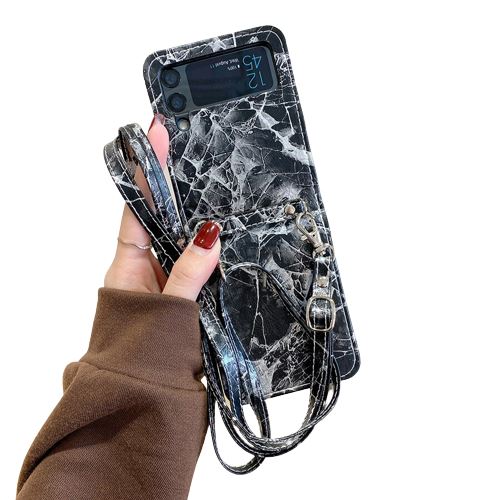 Coque pour Samsung Galaxy Z Flip 3 5G FONGWAN Motif de marbre, avec Bretelles diagonales - noir et blanc