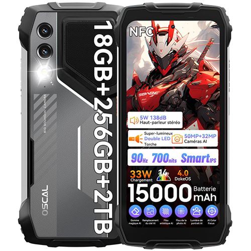 OSCAL PILOT 1 Téléphone Portable Incassable Écran 6.67 16Go+256Go 15000mAh 50MP+32MP Android 14 Double SIM,NFC,GPS - Noir