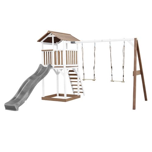 AXI Beach Tower avec Balancoire Double Marron Blanc Toboggan Gris