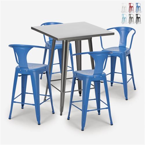 Ensemble Bar Cuisine Table Haute Métal 60x60cm 4 Tabourets Tolix Bucket, Couleur: Bleu