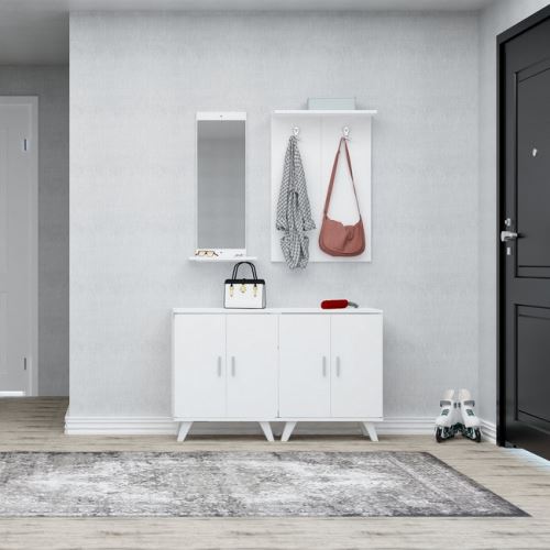 HOMEMANIA Meuble d’Entrée Necef - Meuble Porte-Manteau, Armoire, Étagère à Chaussures - avec Portes, Étagères, Miroir - Blanc en Bois, 60 x 17 x 90 cm