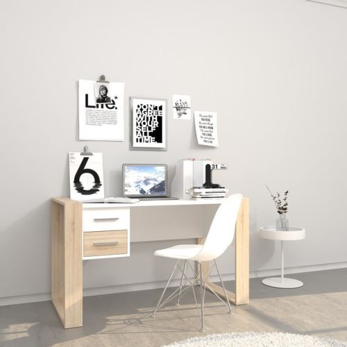 HOMEMANIA Bureau Farley avec Tiroirs - pour Bureau, Chambre - Blanc, Sonoma en Bois, 124 x 60 x 75 cm