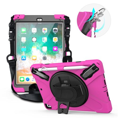 Coque en TPU + Silicone combo avec béquille pivotante à 360° et sangle rose pour votre Apple iPad 9.7 pouces (2018)