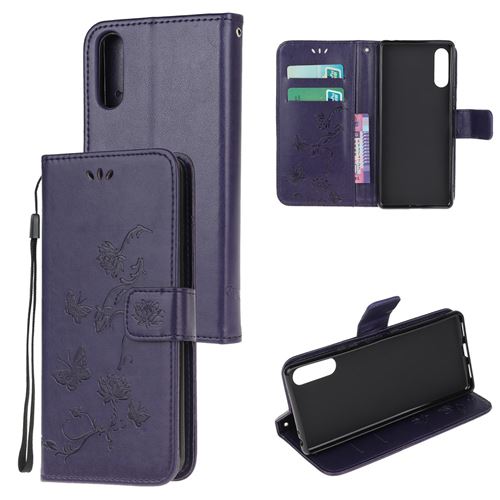 Etui en PU empreinte papillon fleur flip avec support violet foncé pour votre Sony Xperia L4