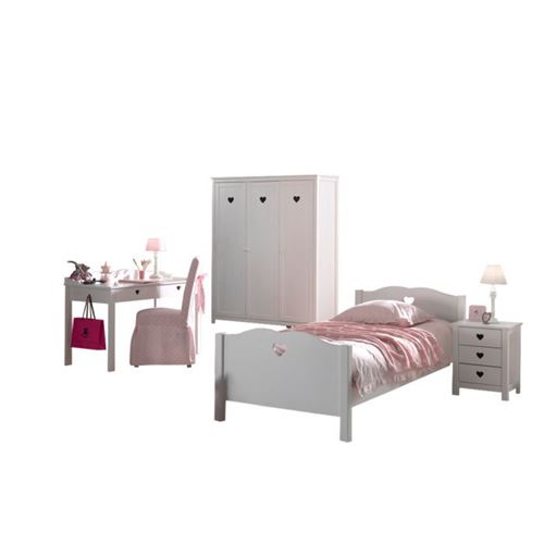 Lit 90x200 - Chevet 3 tiroirs - Armoire 3 portes et Bureau Amori - Blanc