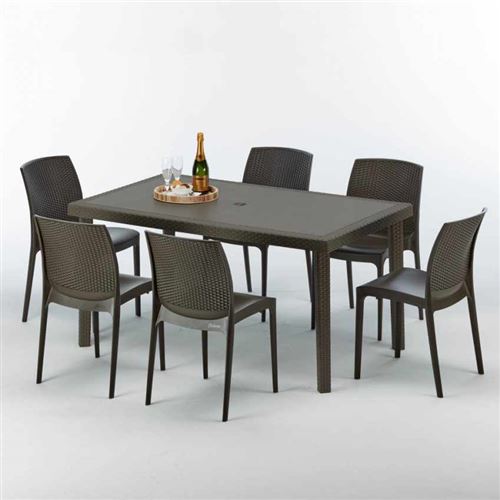 Table rectangulaire 6 chaises Poly rotin resine 150x90 marron Focus, Chaises Modèle: Boheme Marron Moka