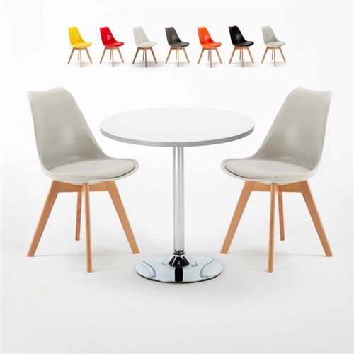 Table Ronde Blanche 70x70cm Avec 2 Chaises Colorées Set Intérieur Bar Café NORDICA LONG Island, Couleur: Gris clair