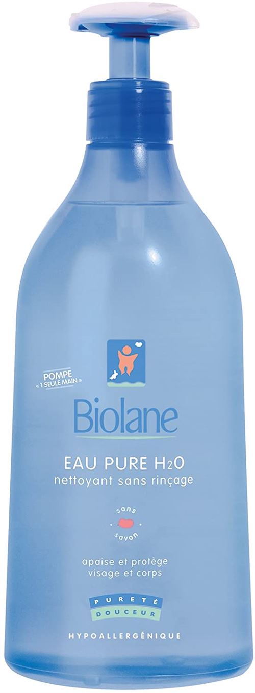 Biolane - Eau Pure H²O - Nettoyant pour le visage, le corps et le siège des bébés - Sans rincer - 1 flacon-pompe de 750 ml