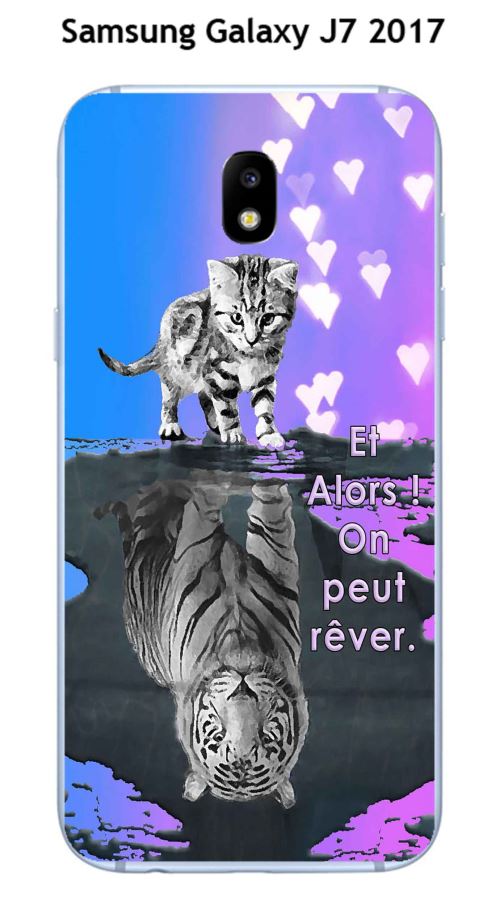 Coque TPU gel souple Samsung Galaxy J7 - 2017 design Chat Tigre Blanc fond bleu rose Et Alors !