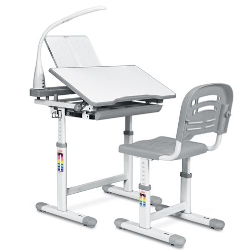 giantex Ensemble Bureau et Chaise avec Lampe Enfants Inclinable 0-40° Hateur Réglable et Table à Dessin avec 1 Tiroir Gris