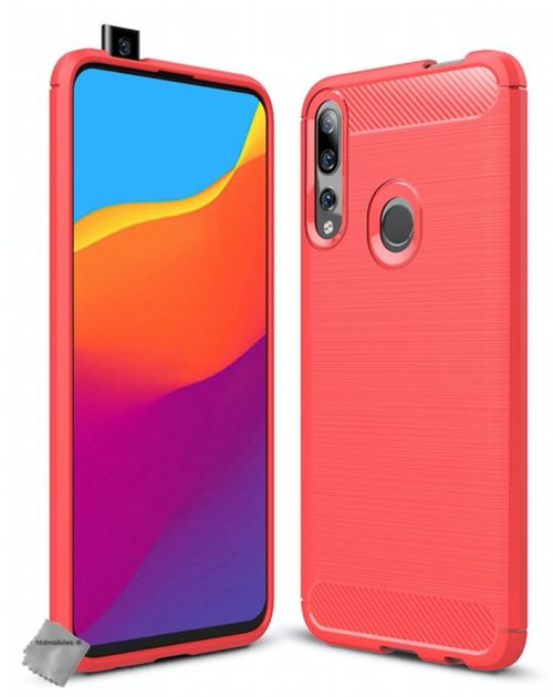 Housse etui coque silicone gel carbone pour Huawei Y9 Prime (2019) avec verre trempe - ROUGE