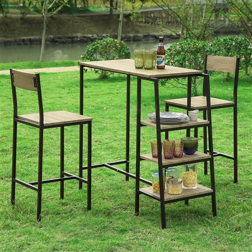 SoBuy® OGT16-N Ensemble Table de Bar Bistrot + 2 Tabourets de Bar avec 3 Étagères Latéraux