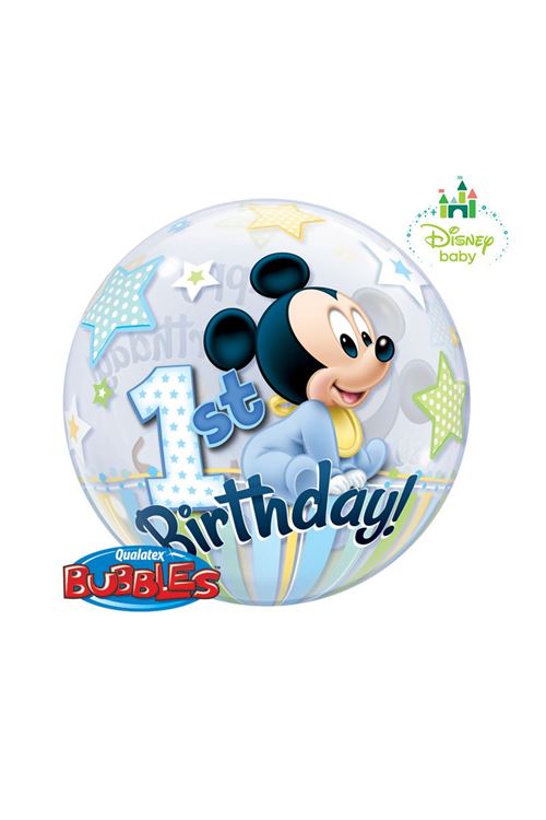 Ballon Bubble Mickey Mouse™ 1er Anniversaire 56 Cm 22 Qualatex© - Bleu - Diamètre: 22 / 56 cm