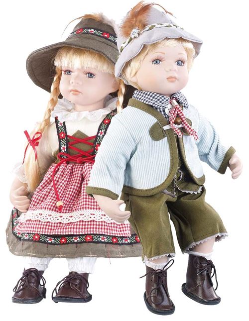 Poupées de collection en porcelaine avec costume bavarois traditionnel - Couple