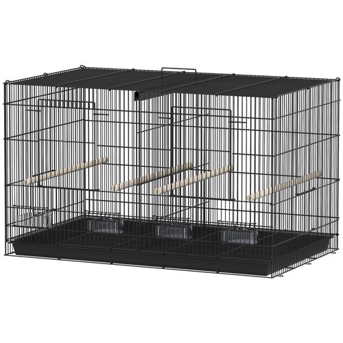 Cage à oiseaux volière acier avec séparateur - 4 perchoirs, mangeoires, portes, trappes, plateau déjection - noir