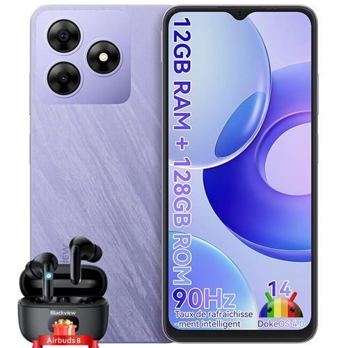 Blackview WAVE 8 Téléphone Portables 6.56 Android 14 ROM 128 Go Double SIM Violet avec Blackview Airbuds 8