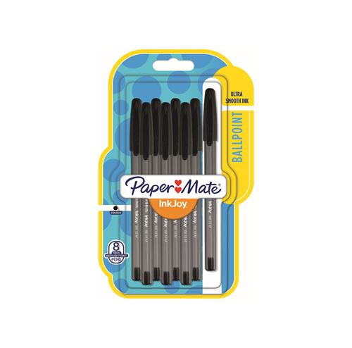 Paper Mate Inkjoy 100ST - 8 Stylos bille avec capuchon - Noir - Pointe moyenne 1.0mm - sous blister