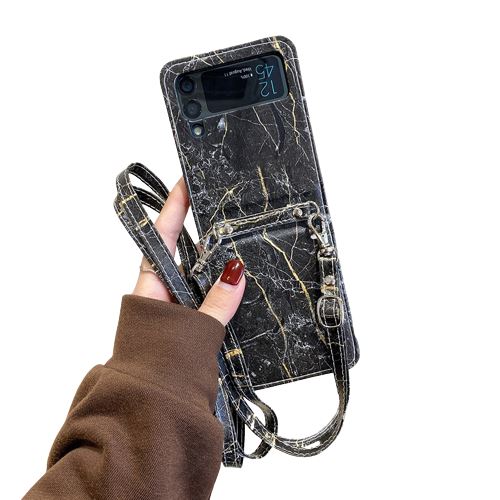 Coque pour Samsung Galaxy Z Flip 3 5G FONGWAN Motif de marbre, avec Bretelles diagonales - noir et or