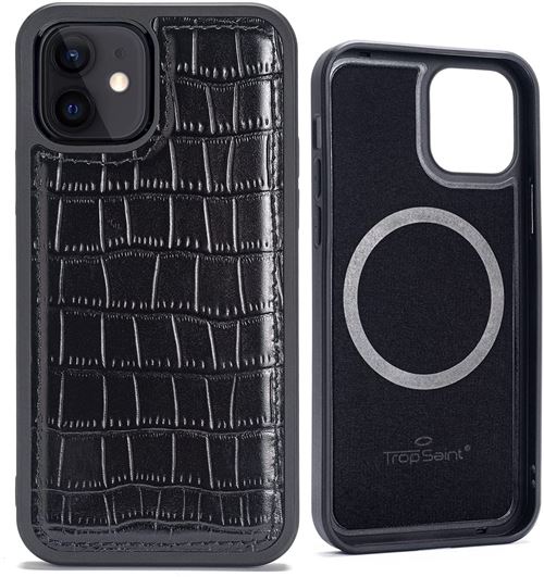 Coque en Cuir pour iPhone 12 Mini Trop Saint® Façon Crocodile [Compatible MagSafe] - Noir