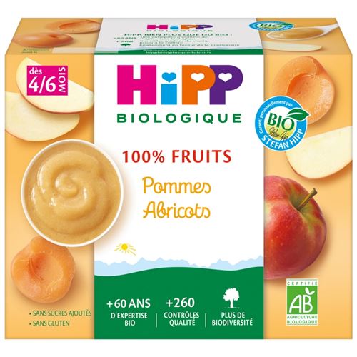 100% Fruits Pommes Abricots (Dès 4/6 mois) - 1 pack de 4 coupelles - Hipp Biologique