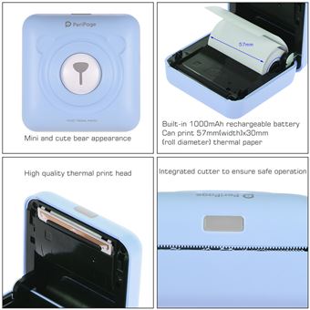 Aibecy GOOJPRT PeriPage Mini Wireless BT Imprimante photo avec câble USB pour smartphone Android iOS bleu