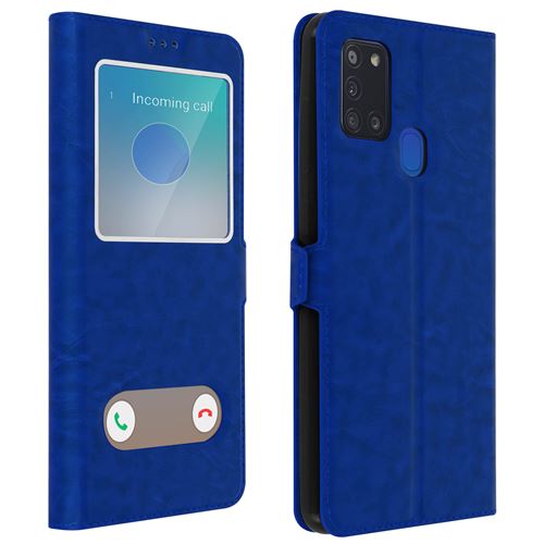 Avizar Housse pour Samsung Galaxy A21s Double Fenêtre Support Vidéo Bleu