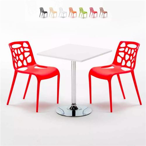 Table Carrée Blanche 70x70cm Avec 2 Chaises Colorées Set Intérieur Bar Café Gelateria Cocktail, Couleur: Rouge