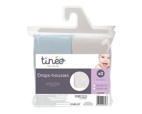 Lot de 2 draps housses 70 x 140 blanc et bleu - tinéo