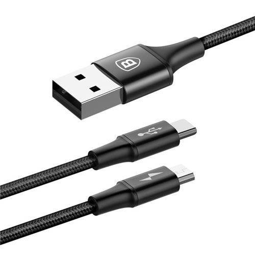 Câble USB Nylon 2x Connecteurs Micro-USB et USB type C - Baseus - Noir 1 m