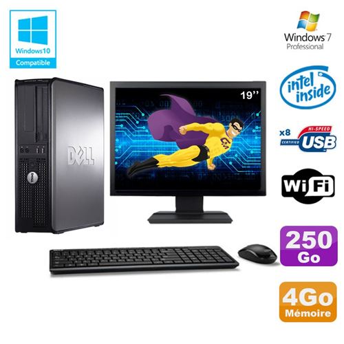 PC Dell Optiplex 780 Dt Intel E7500 2.93Ghz 4Go 250Go WiFi Win 7 Ecran 19'