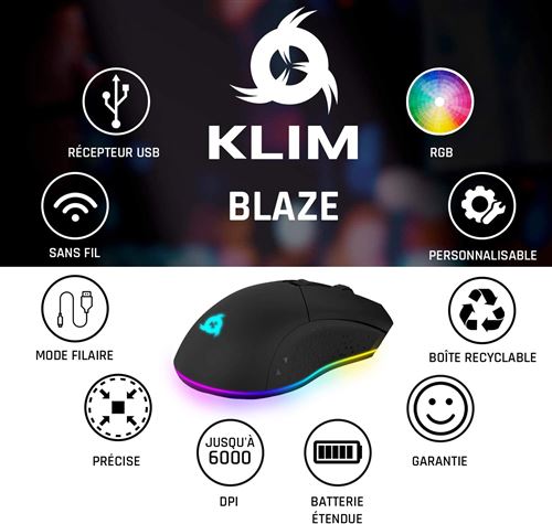 KLIM Blaze - Souris Gamer sans Fil RGB - Nouveauté 2024 - Rechargeable -  Capteur Haute Précision avec Batterie Longue Durée - 6000 DPI Réglable -  Modes et sans Fil (Noir) : : Informatique