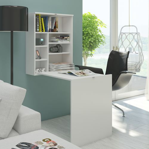 Bureau escamotable / Bureau rabattable - ERION - blanc mat - 7 niches de rangement - design moderne