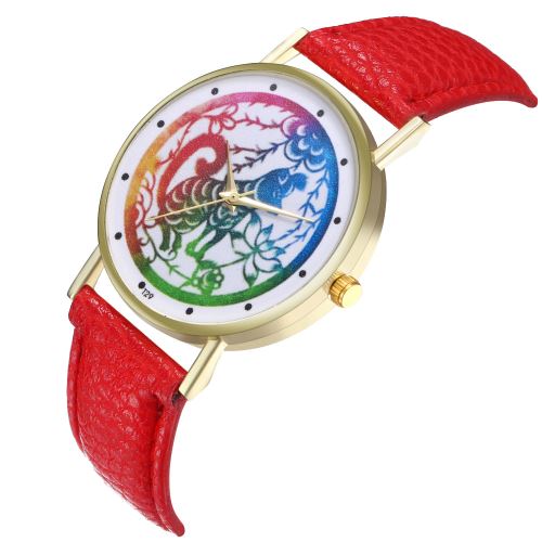 Montre pour femme 12 Zodiac Fashion Simple Montre pour femme avec bracelet en cuir Montre pour homme Montre à quartz T29-Arouge