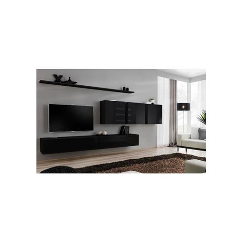 Ensemble meuble salon mural SWITCH VII design, coloris noir brillant.