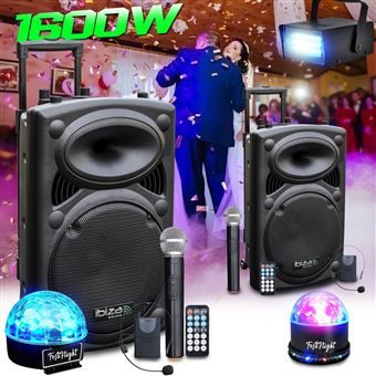 Pack Sono DJ Actif Amplifié sur Batterie 1600W IBIZA SOUND Port-12VHF Mariage Karaoké Anniversaire, Soirée, 3 Jeux de lumières - 1