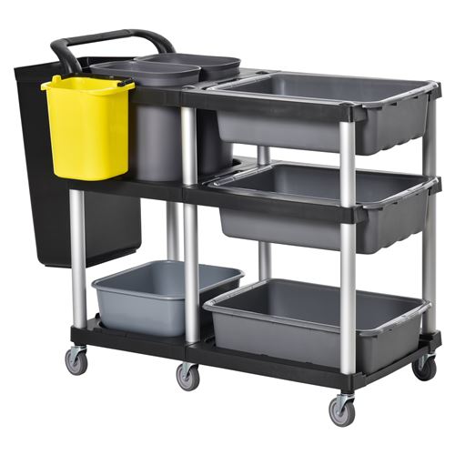 Chariot de nettoyage à 3 niveaux avec quatre bacs et quatre seaux en PP et aluminium roulettes 110 x 50 x 92 cm gris et noir