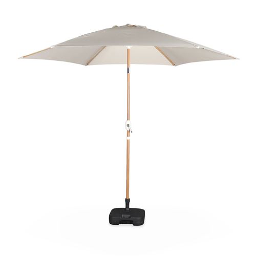 Sweeek Parasol droit rond sable Ø293cm mât central en aluminium imitation bois orientable et manivelle d'ouverture