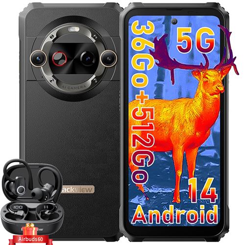 Blackview BL9000 Pro Android 14 Smartphone Incassable 5G,36Go+512Go,6.78 FHD+/8800mAh+120W/FLIR/Dual SIM/50MP/NFC Noir avec Blackview Airbuds 60