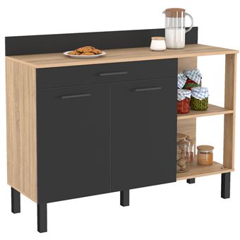 Buffet Bas De Cuisine 120 Cm CINA - Plan De Travail H.83 Cm, 1 Porte + 3 Tiroirs, Noir Et Façon Hêtre