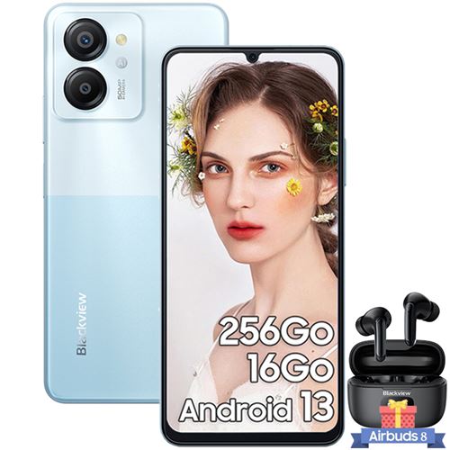 Blackview COLOR 8 Smartphone Débloqué 16 Go+256 Go 6.52 50MP+8MP 6000mAh Android 13 Bleu avec Écouteurs Bluetooth AirBUDS 8
