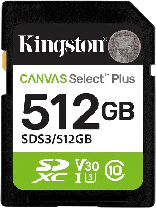 Kingston Cartes mémoire SD Canvas Select Plus 512Go SDXC Gen3 150MB/s C10 UHS-I U3 V30-SDS3/512GB