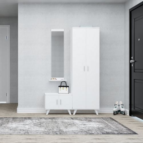 HOMEMANIA Meuble d’Entrée Seylan - Meuble Porte-Manteau, Armoire, Étagère à Chaussures - avec Portes, Étagères, Miroir - Blanc en Bois, 60 x 35 x 194 cm