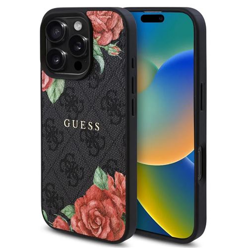 Coque pour iPhone 16 Pro Max - Guess Hardcase 4G Flower Print Flower Print MagSafe (GUHMP16XP4ROPEMCK) - Noir