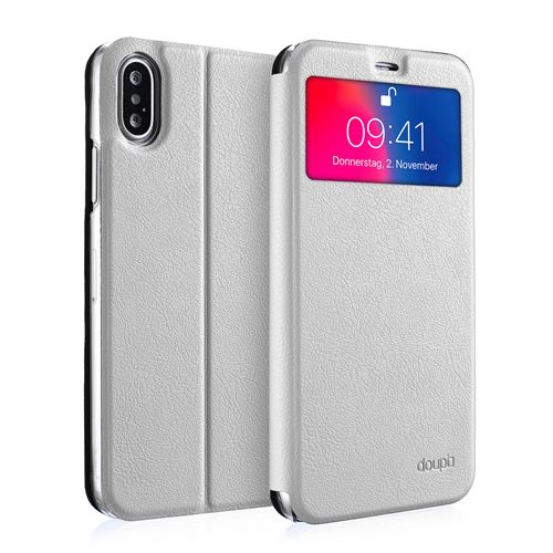 doupi Deluxe FlipCover pour iPhone X / Xs 5,8 pouces, avec fenêtre magnétique Book Style protection écran stand Protecteur d'écran Case, blanc