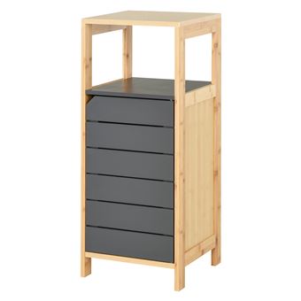 Meuble colonne rangement salle de bain style cosy dim. 32L x 30l x 80H cm porte étagères niche bambou gris - 1