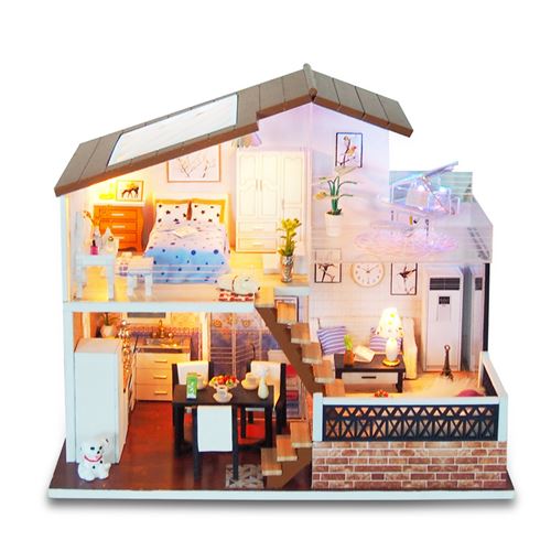 maison de poupées Insma DIY Appartements Loft Miniature en bois avec LED et meubles