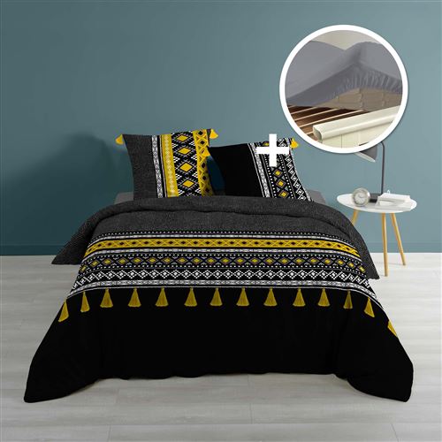Ensemble Parure de couette 240 x 220 Talismania + drap housse coton 140 x 190 Gris