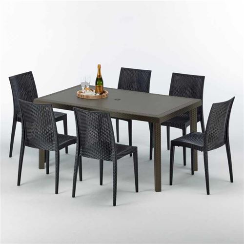 Table rectangulaire 6 chaises Poly rotin resine 150x90 marron Focus, Chaises Modèle: Bistrot Anthracite noir